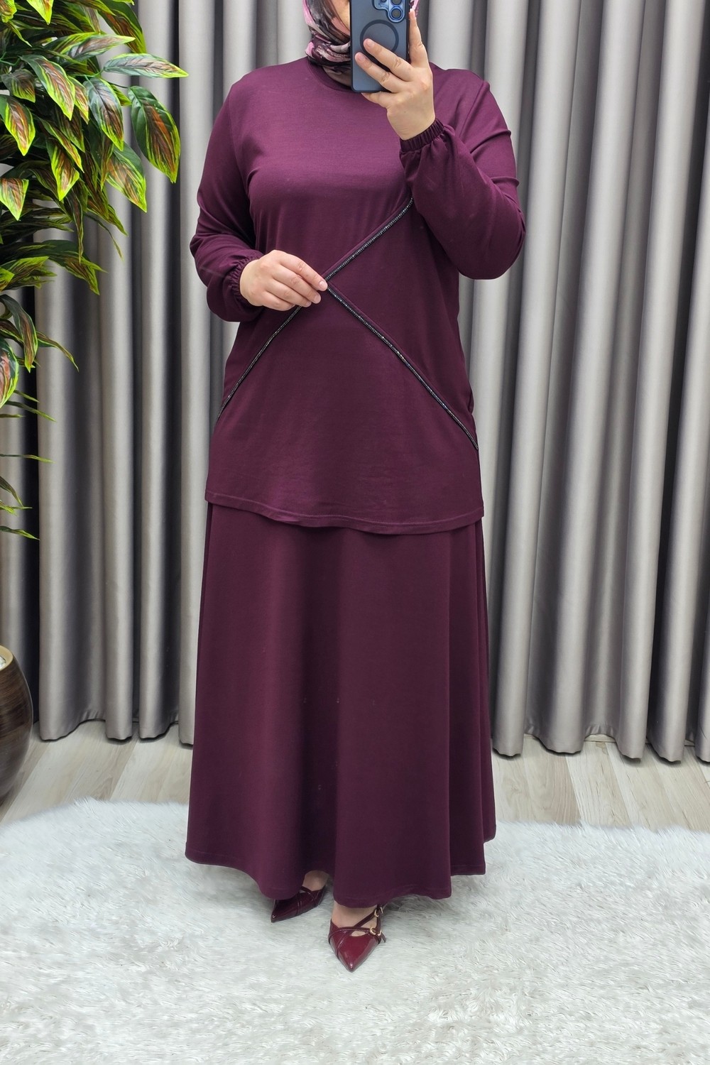 Elmas Tesettür Kadın Giyim Büyük Beden Çapraz Taşlı Kolu Lastikli Korse Bel Etekli Elmas Sultan Takım görsel 5