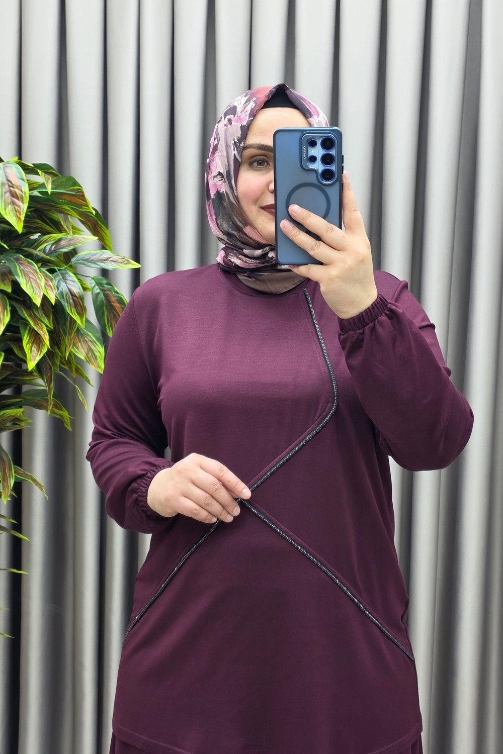 Elmas Tesettür Kadın Giyim Büyük Beden Çapraz Taşlı Kolu Lastikli Korse Bel Etekli Elmas Sultan Takım görsel 8
