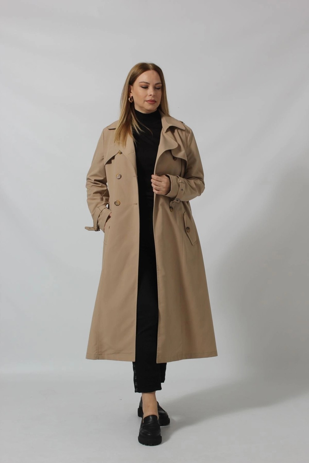Moda Berray Dizaltı Düğmeli Kuşaklı Trençkot Vizon görsel 5