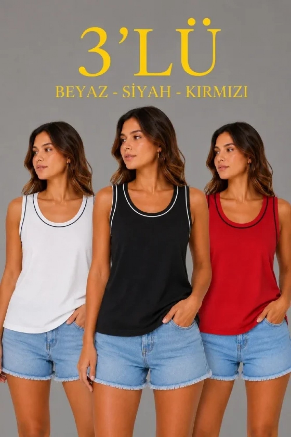 Pileli Store 3’lü Kolsuz Sporcu Atlet Seti Yazlık Bisiklet Yakalı - Beyaz, Siyah, Kırmızı