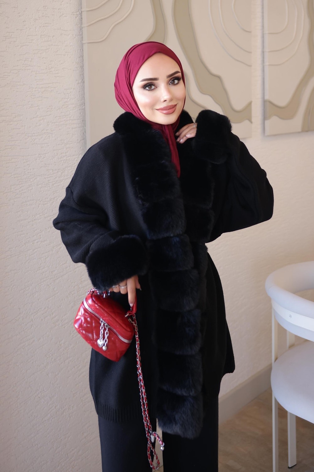 İmaj Butik Siyah Bel Bağlamalı Kürk Detaylı Triko Hırka görsel 6