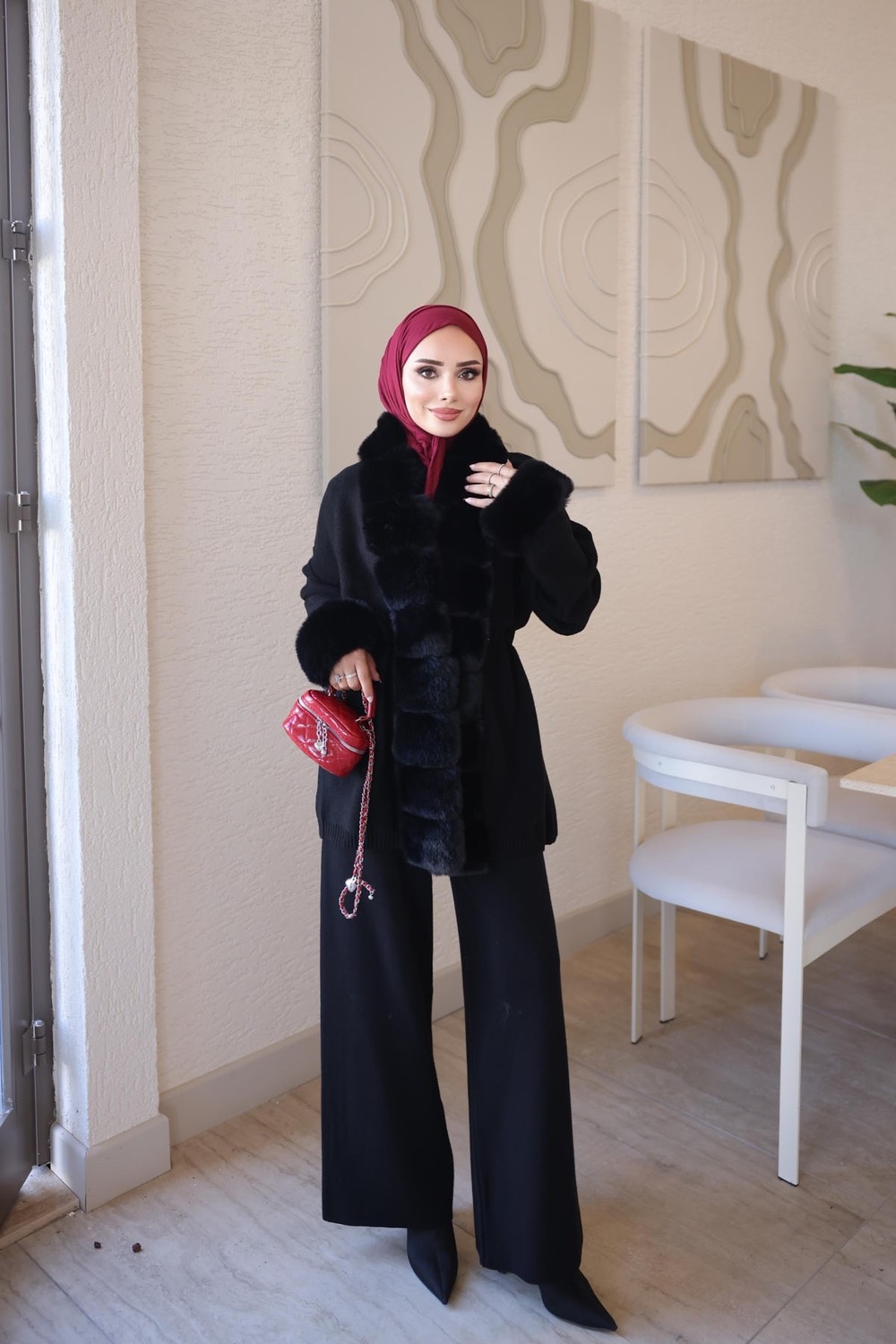 İmaj Butik Siyah Bel Bağlamalı Kürk Detaylı Triko Hırka görsel 7