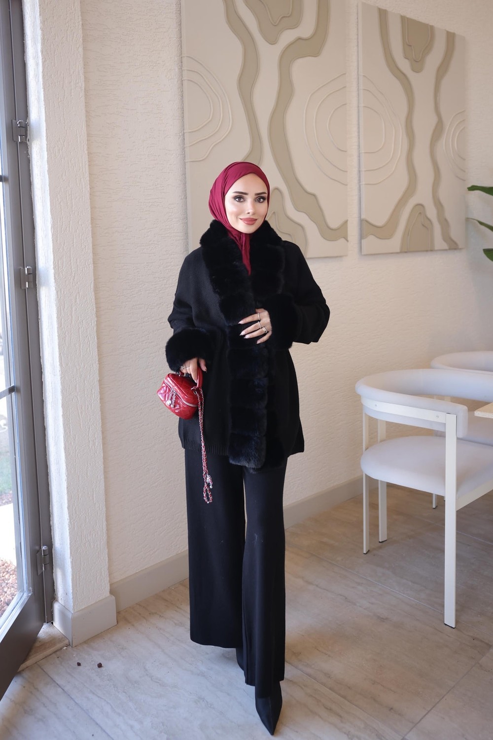 İmaj Butik Siyah Bel Bağlamalı Kürk Detaylı Triko Hırka görsel 8
