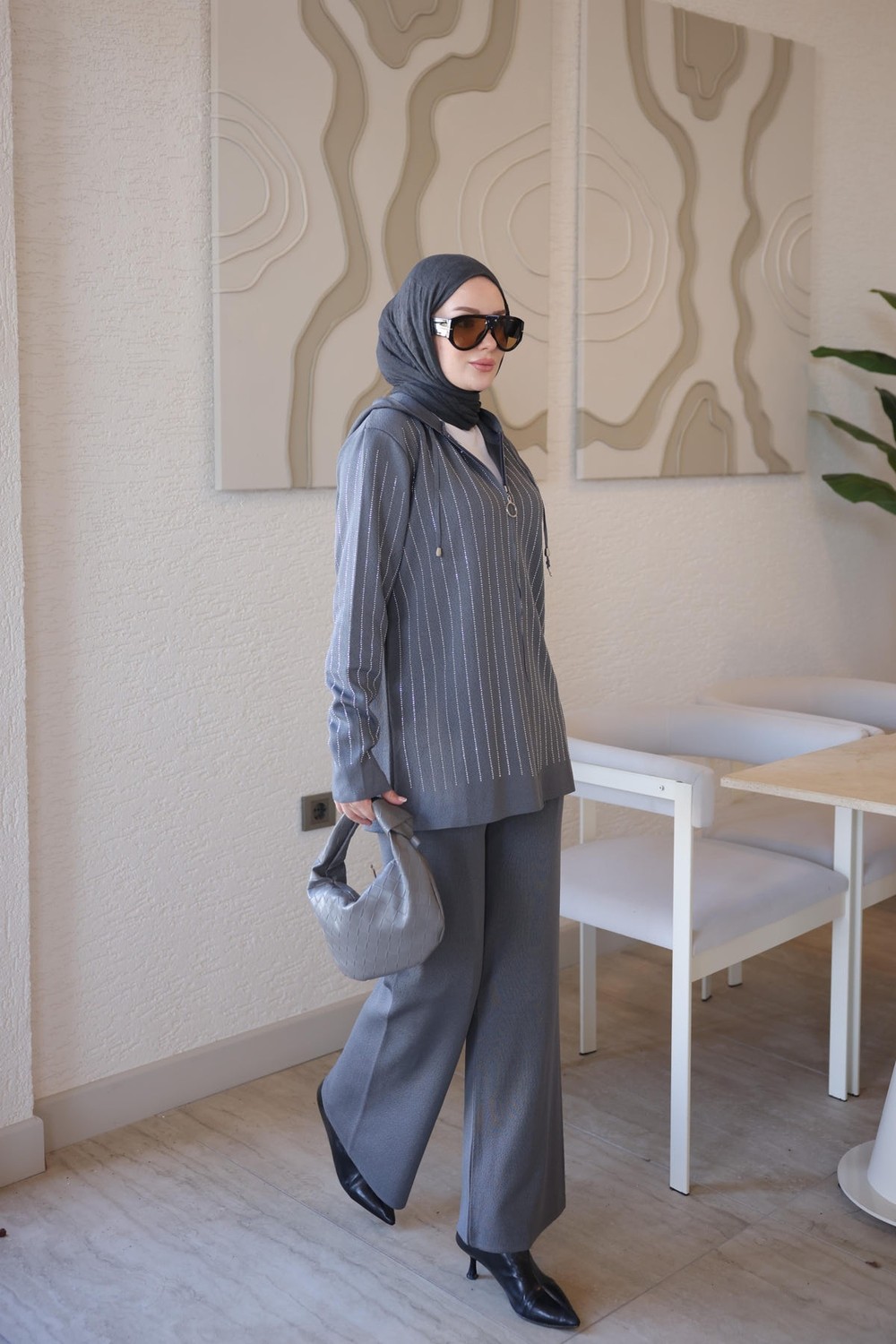 İmaj Butik Krem Kapüşonlu Tunik Pantolonlu Taşlı Triko Takım