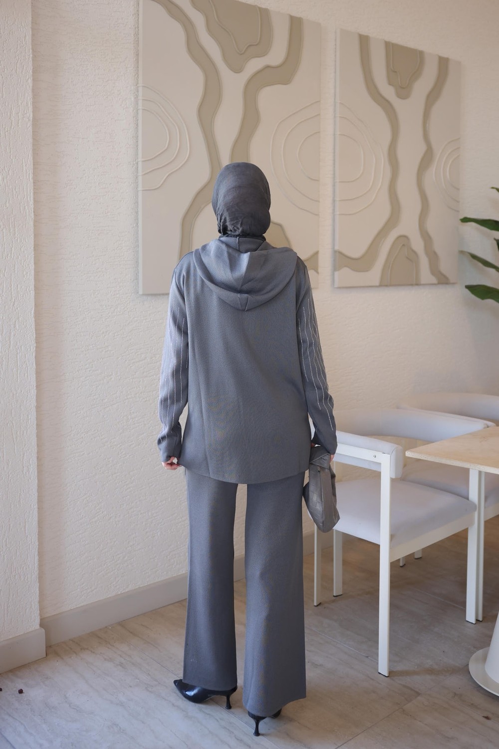 İmaj Butik Krem Kapüşonlu Tunik Pantolonlu Taşlı Triko Takım görsel 3