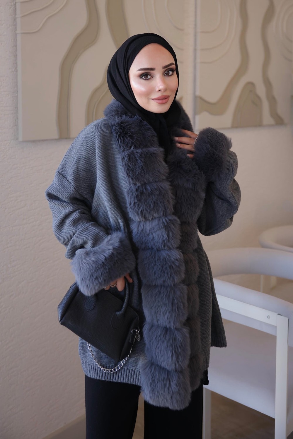 İmaj Butik Siyah Bel Bağlamalı Kürk Detaylı Triko Hırka görsel 4