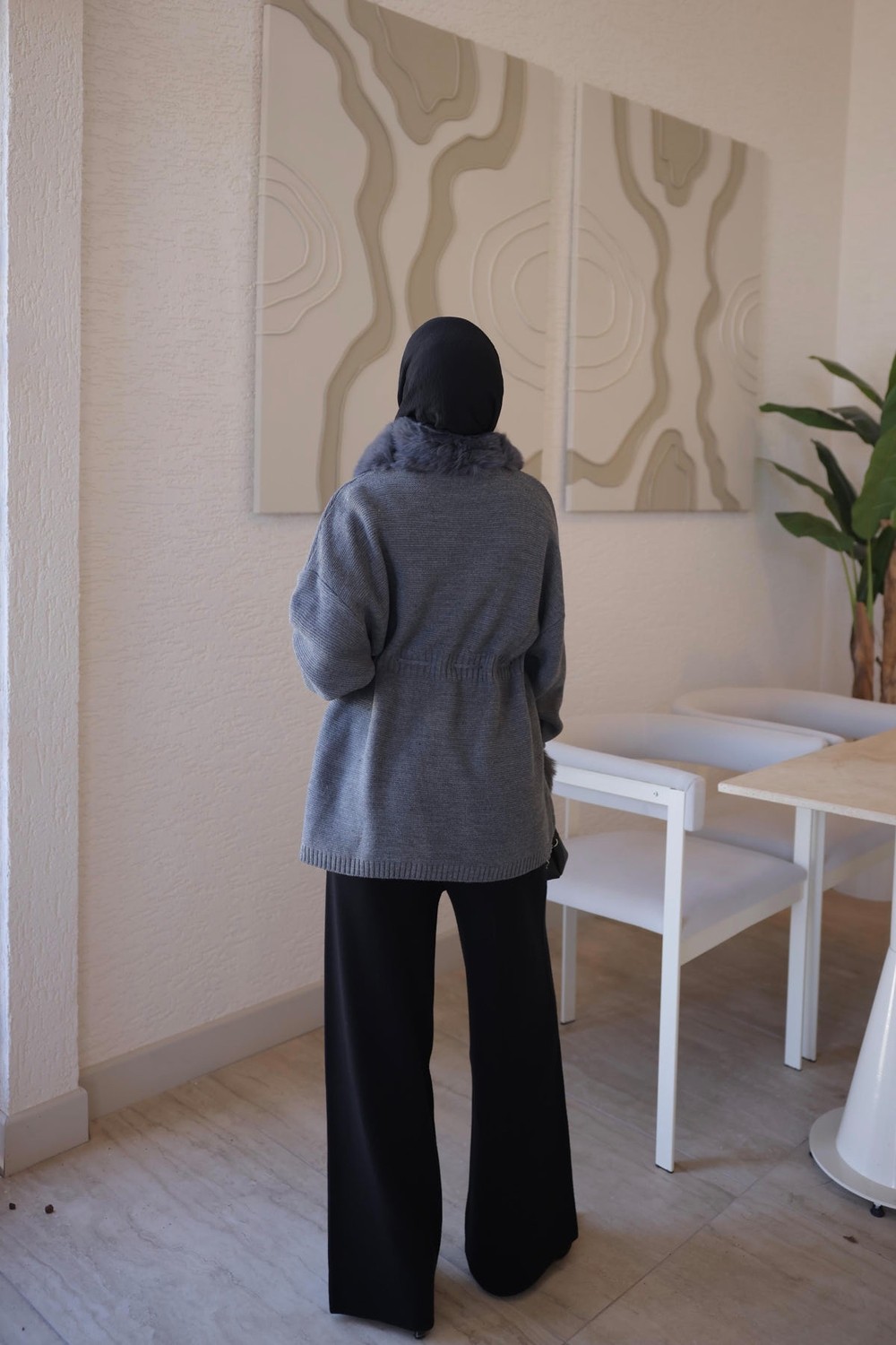 İmaj Butik Siyah Bel Bağlamalı Kürk Detaylı Triko Hırka görsel 5