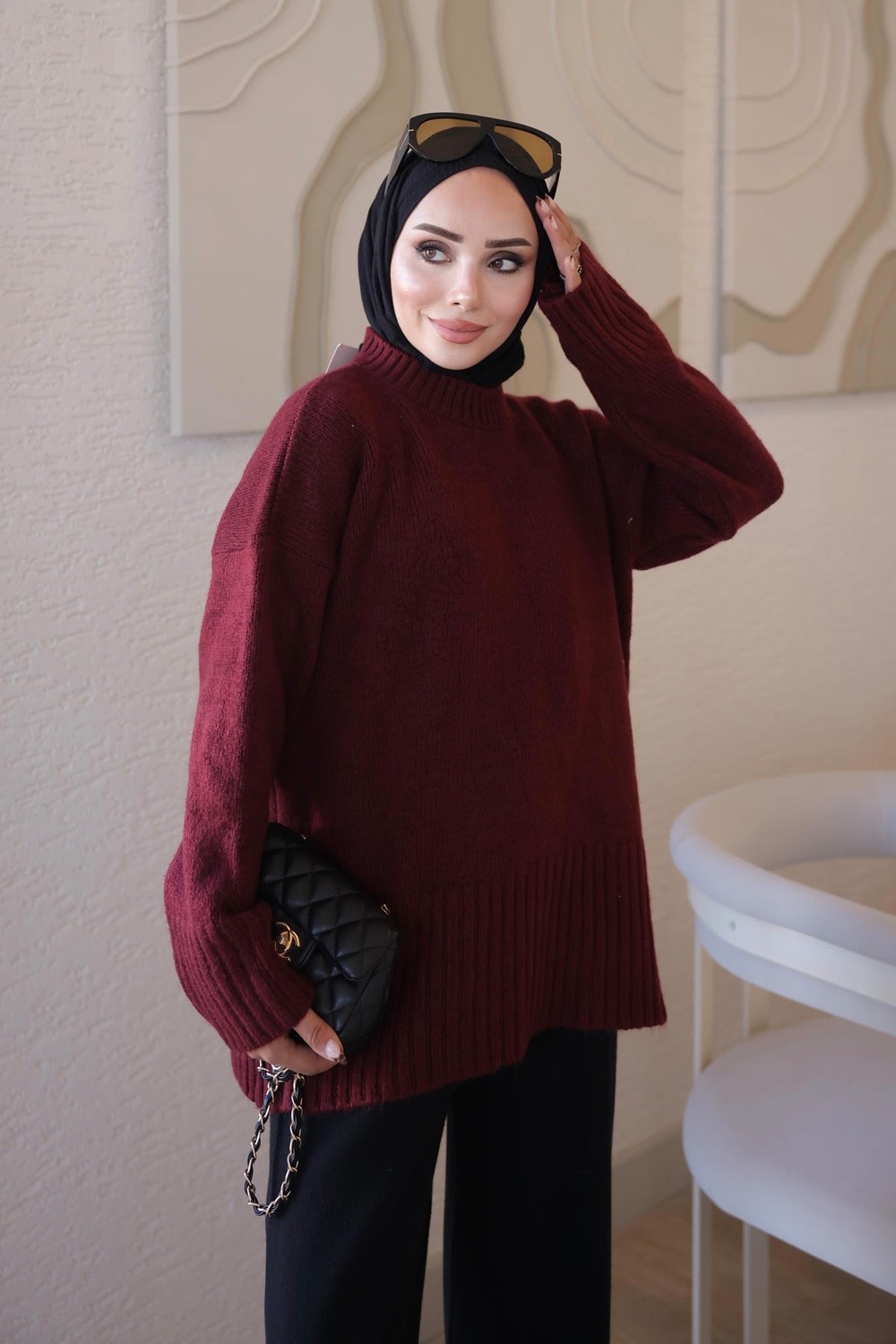 İmaj Butik Pembe Bisiklet Yaka Oversize Şardon Triko Kazak