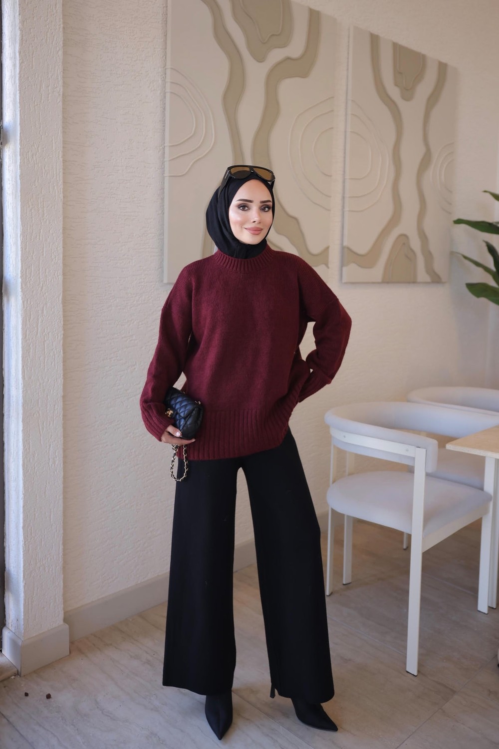 İmaj Butik Pembe Bisiklet Yaka Oversize Şardon Triko Kazak görsel 2