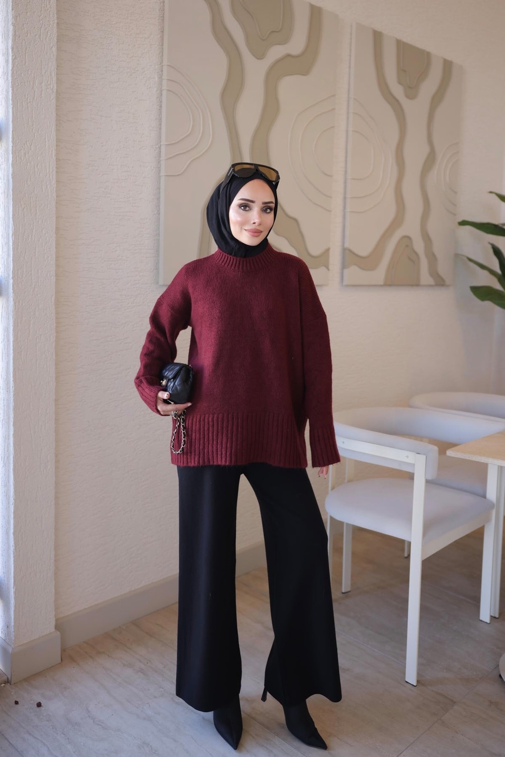 İmaj Butik Pembe Bisiklet Yaka Oversize Şardon Triko Kazak görsel 3