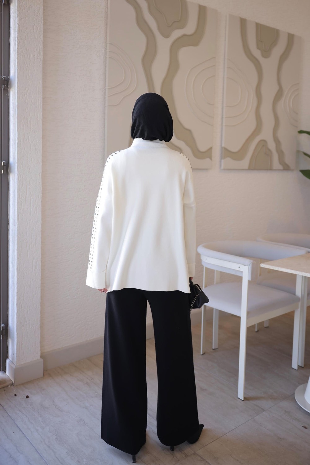 İmaj Butik Krem Corsman Kol Katlı Omuz Taşlı Triko Tunik görsel 5