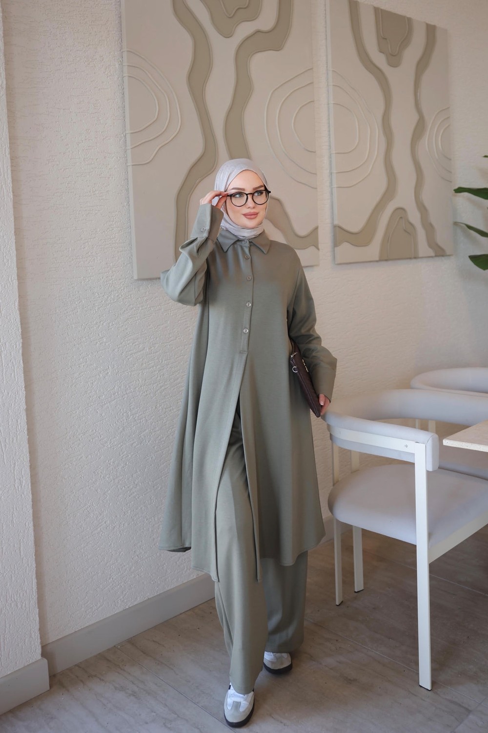 İmaj Butik Haki Yarım Düğmeli Tunik Pantolonlu Takım