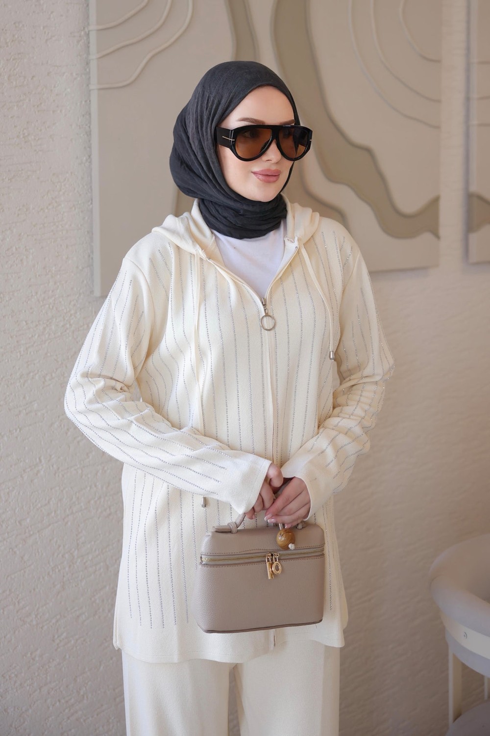 İmaj Butik Krem Kapüşonlu Tunik Pantolonlu Taşlı Triko Takım görsel 6