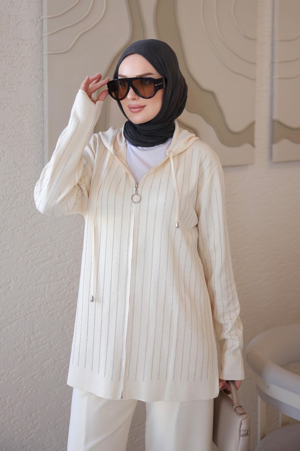 İmaj Butik Krem Kapüşonlu Tunik Pantolonlu Taşlı Triko Takım görsel 7