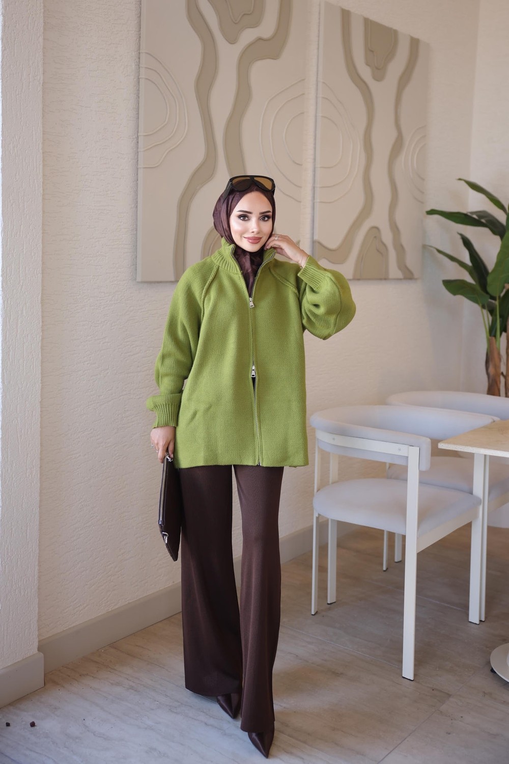 İmaj Butik Yeşil Rosie Fermuarlı Pike Triko Hırka görsel 2
