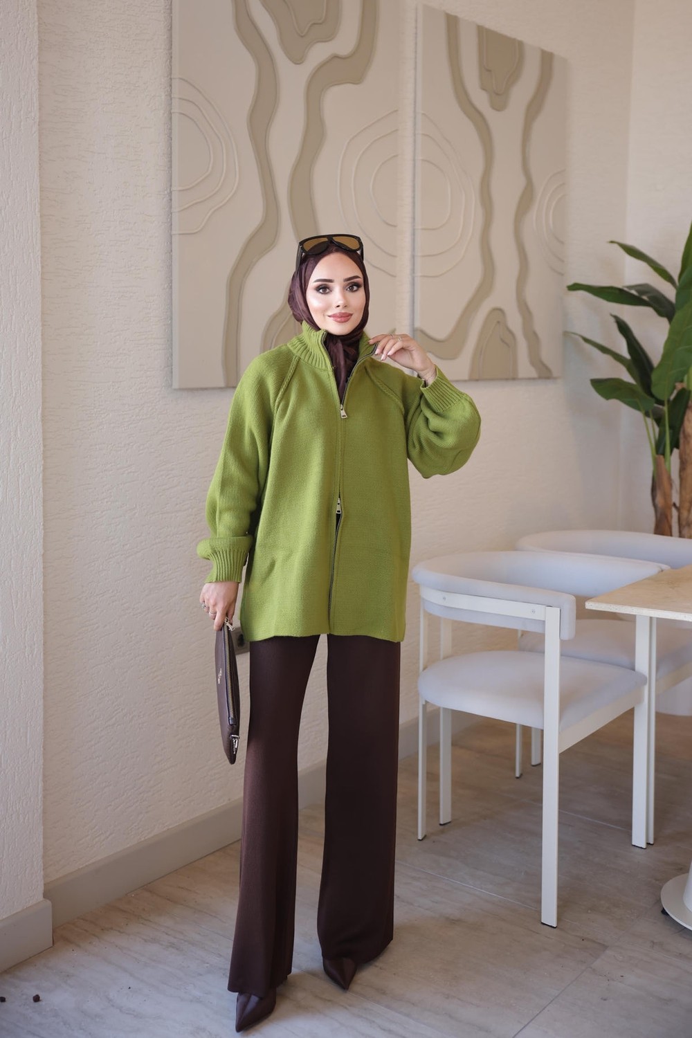 İmaj Butik Yeşil Rosie Fermuarlı Pike Triko Hırka görsel 3