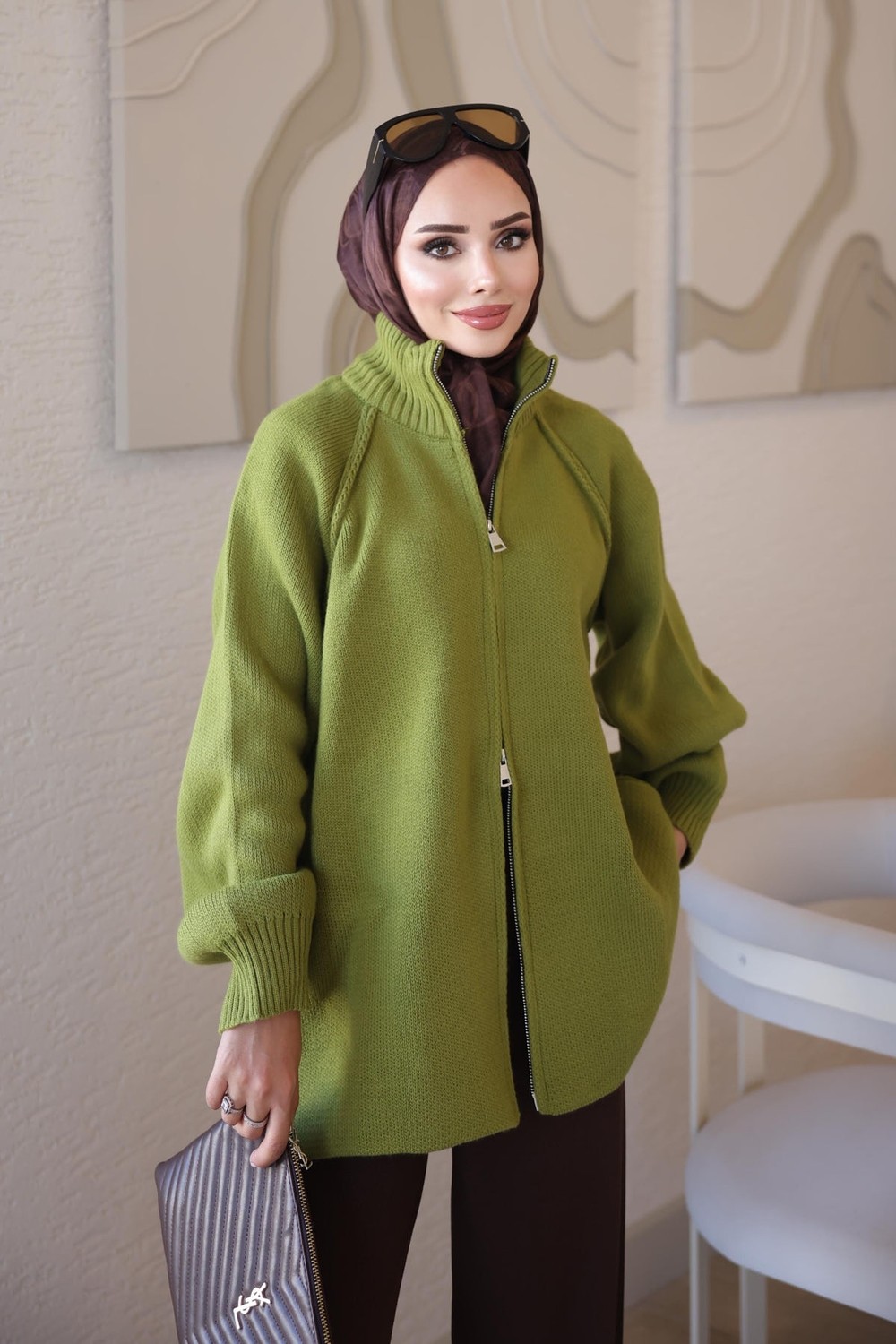 İmaj Butik Yeşil Rosie Fermuarlı Pike Triko Hırka görsel 4