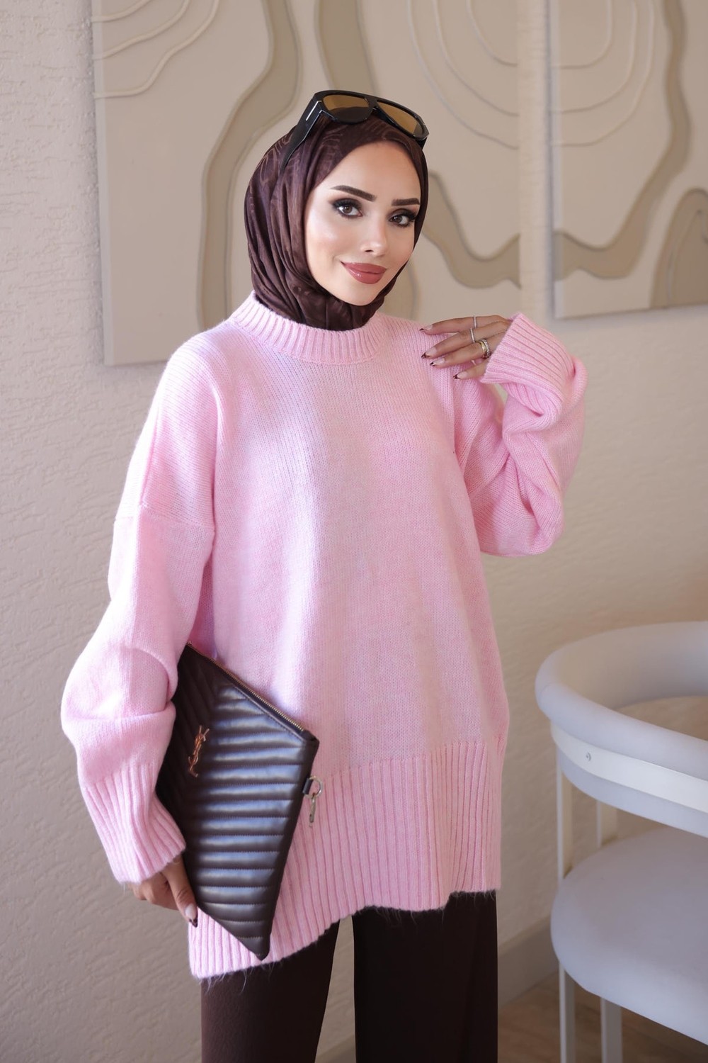 İmaj Butik Pembe Bisiklet Yaka Oversize Şardon Triko Kazak görsel 6