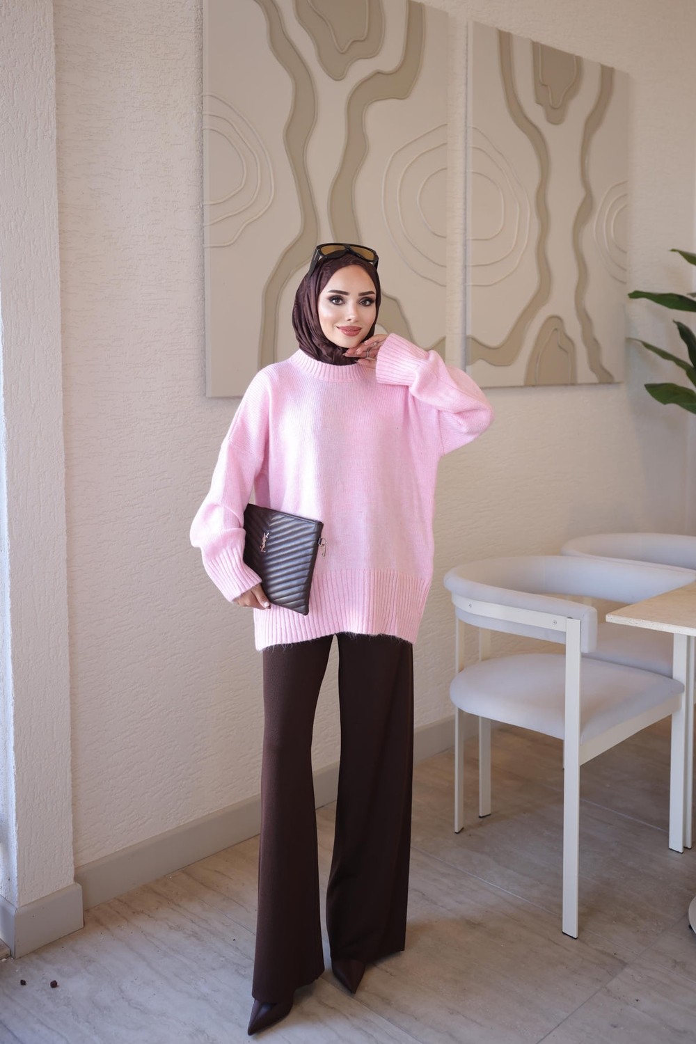 İmaj Butik Pembe Bisiklet Yaka Oversize Şardon Triko Kazak görsel 7