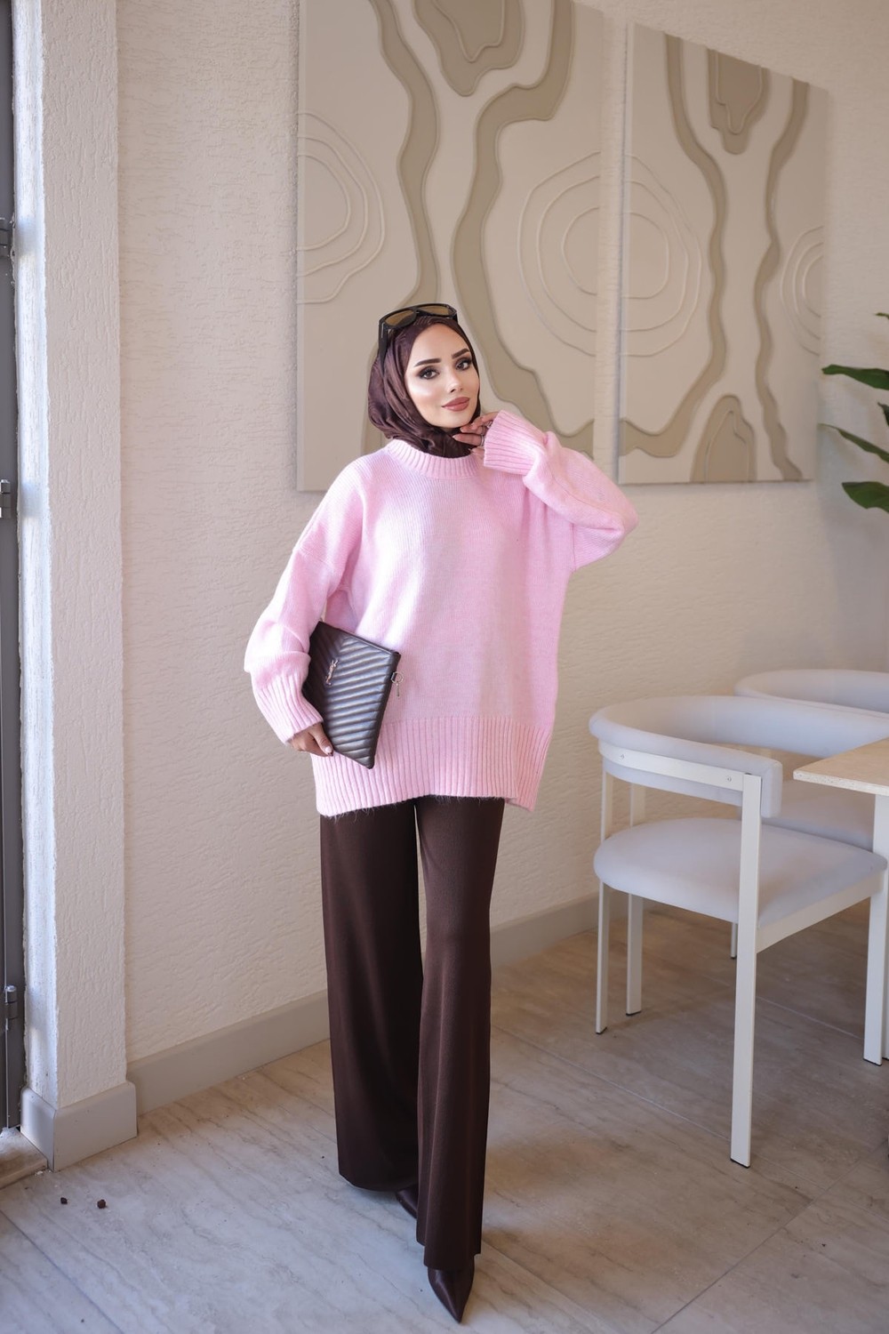 İmaj Butik Pembe Bisiklet Yaka Oversize Şardon Triko Kazak görsel 8
