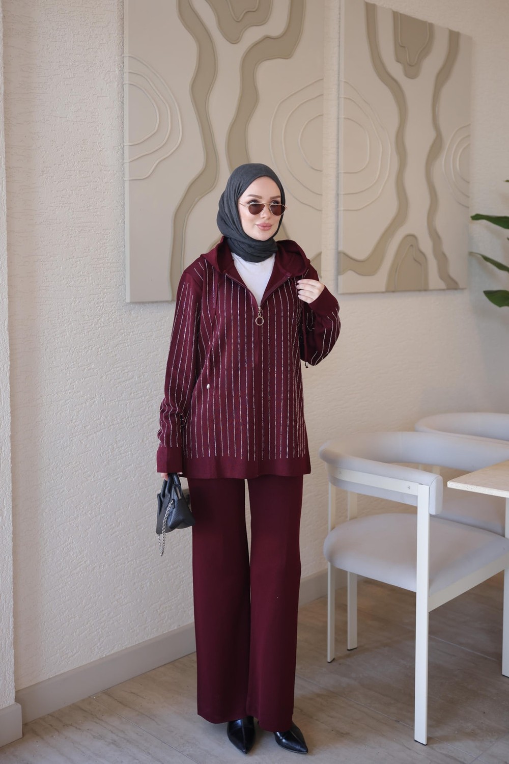 İmaj Butik Krem Kapüşonlu Tunik Pantolonlu Taşlı Triko Takım