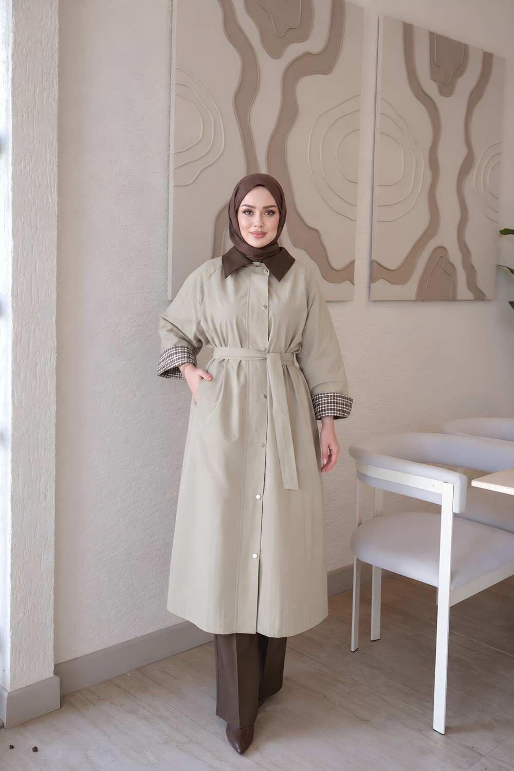 İmaj Butik Bej Fermuarlı Çıtçıtlı Kemerli Astarlı Trençkot görsel 2