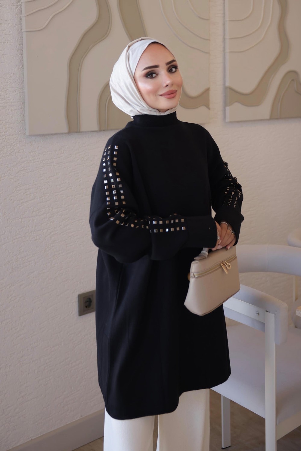 İmaj Butik Krem Corsman Kol Katlı Omuz Taşlı Triko Tunik görsel 6