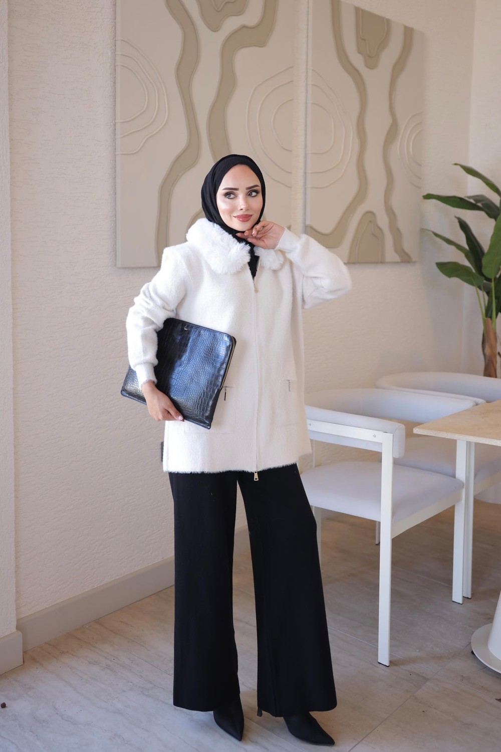 İmaj Butik Kahverengi Soft Kürk Yakalı Angora Triko Hırka görsel 3
