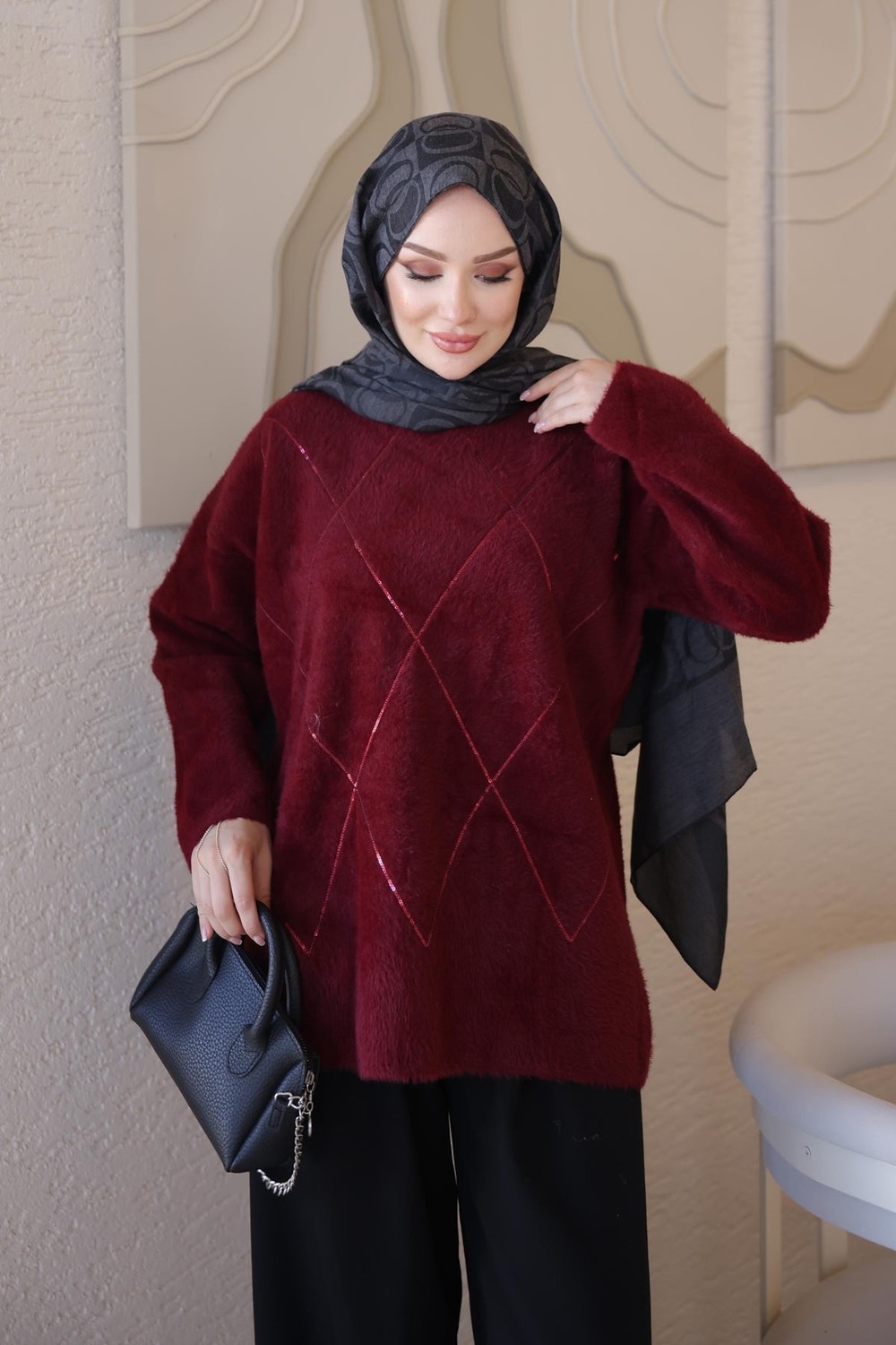 İmaj Butik Bordo Angora Pul Işlemeli Salaş Triko Kazak