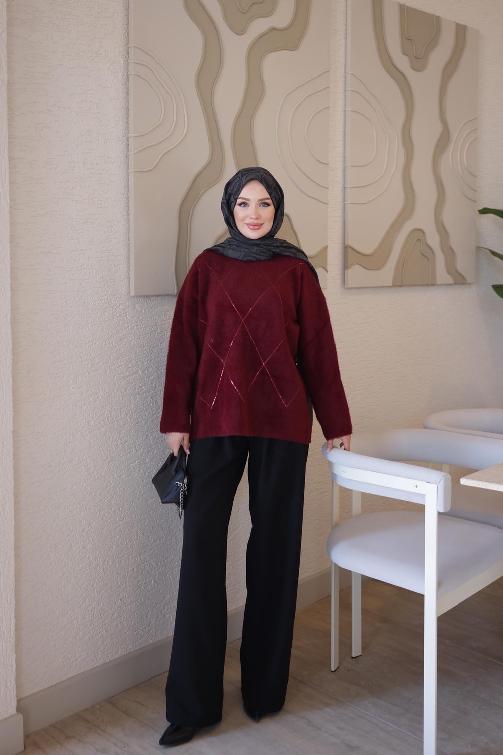 İmaj Butik Bordo Angora Pul Işlemeli Salaş Triko Kazak görsel 2