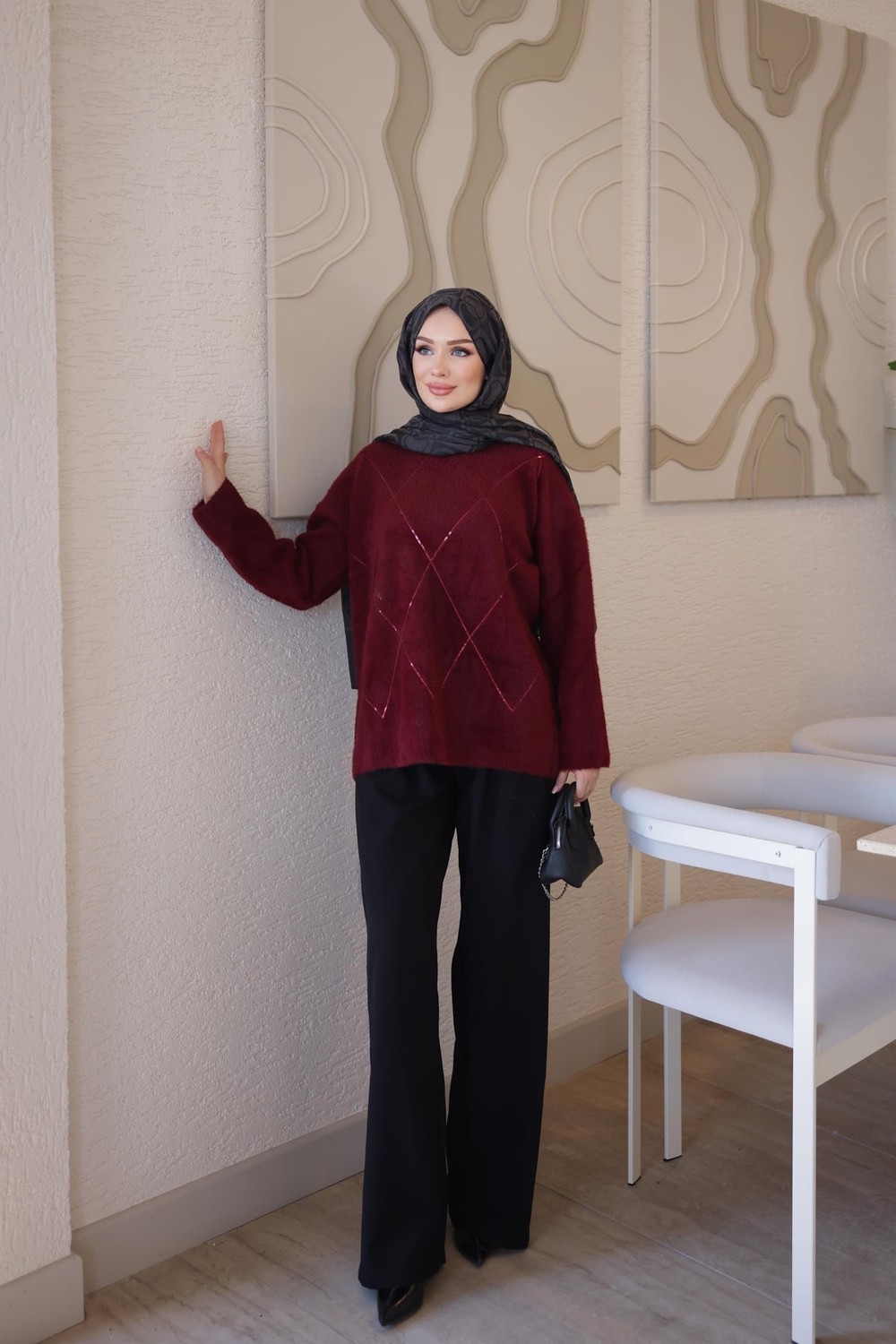İmaj Butik Bordo Angora Pul Işlemeli Salaş Triko Kazak görsel 3