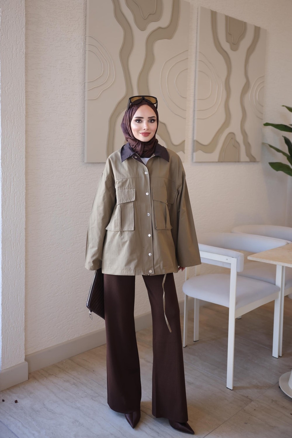 İmaj Butik Bej Fermuarlı Çıtçıtlı Bağlamalı Garnili Ceket görsel 2