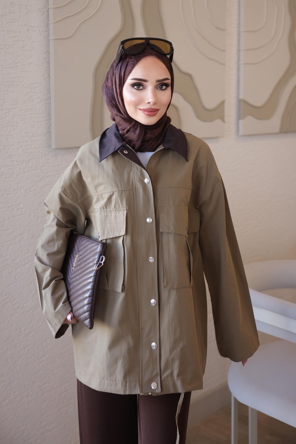 İmaj Butik Bej Fermuarlı Çıtçıtlı Bağlamalı Garnili Ceket görsel 4