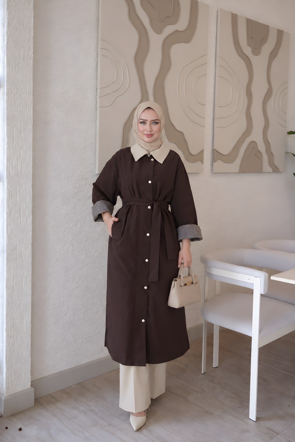 İmaj Butik Bej Fermuarlı Çıtçıtlı Kemerli Astarlı Trençkot görsel 3