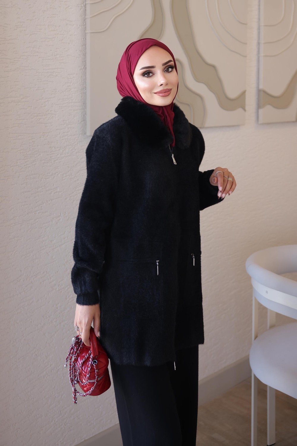 İmaj Butik Kahverengi Soft Kürk Yakalı Angora Triko Hırka görsel 6