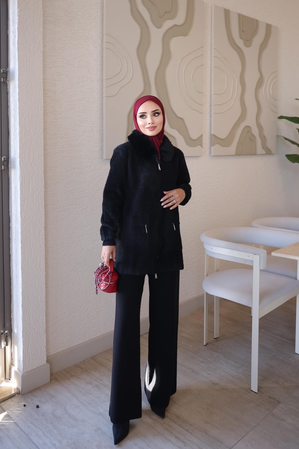 İmaj Butik Kahverengi Soft Kürk Yakalı Angora Triko Hırka görsel 7
