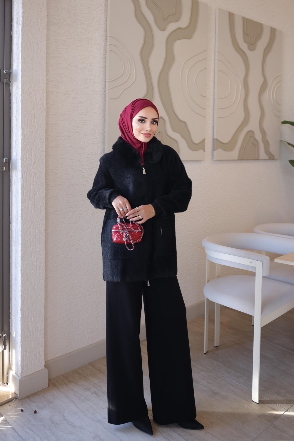 İmaj Butik Kahverengi Soft Kürk Yakalı Angora Triko Hırka görsel 8