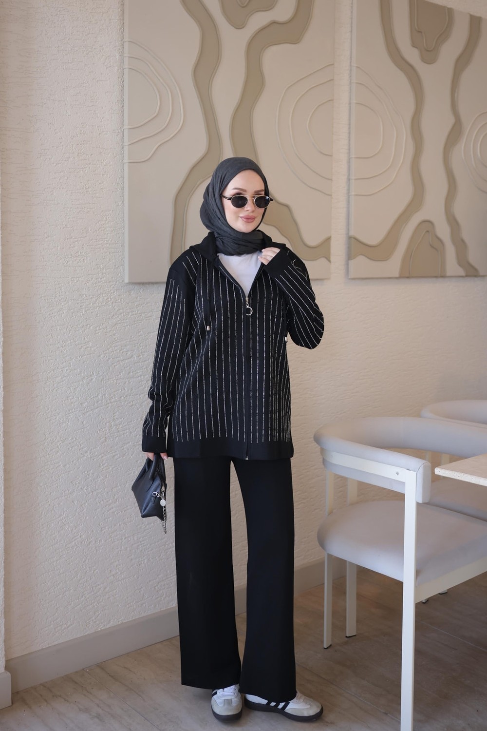 İmaj Butik Krem Kapüşonlu Tunik Pantolonlu Taşlı Triko Takım