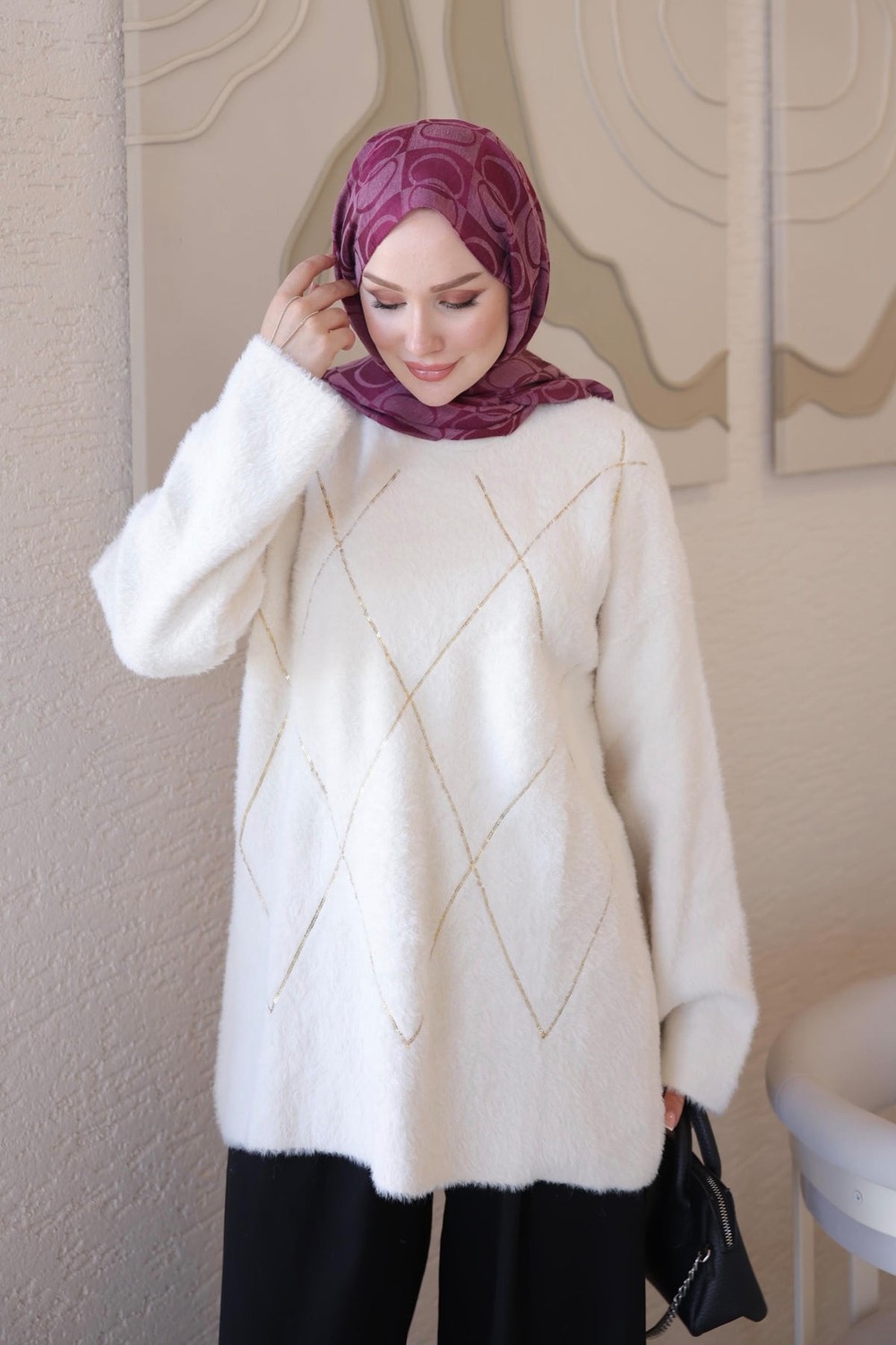 İmaj Butik Bordo Angora Pul Işlemeli Salaş Triko Kazak