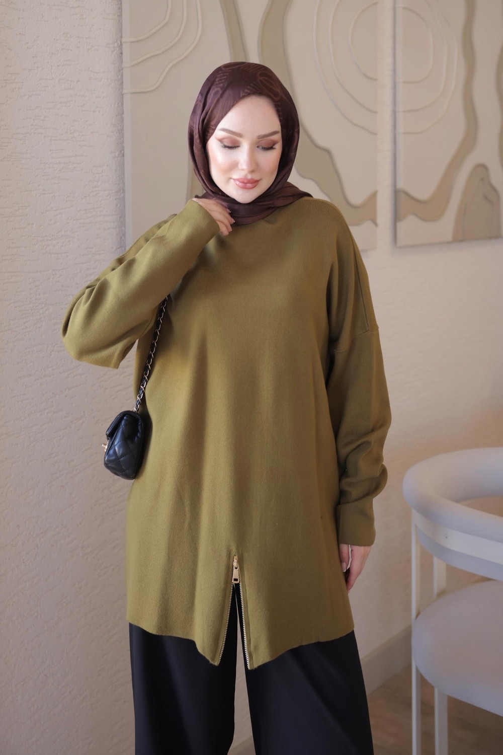 İmaj Butik Füme Corsman Fermuar Detaylı Salaş Triko Tunik