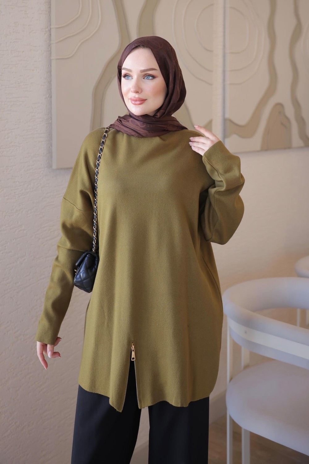 İmaj Butik Füme Corsman Fermuar Detaylı Salaş Triko Tunik görsel 4