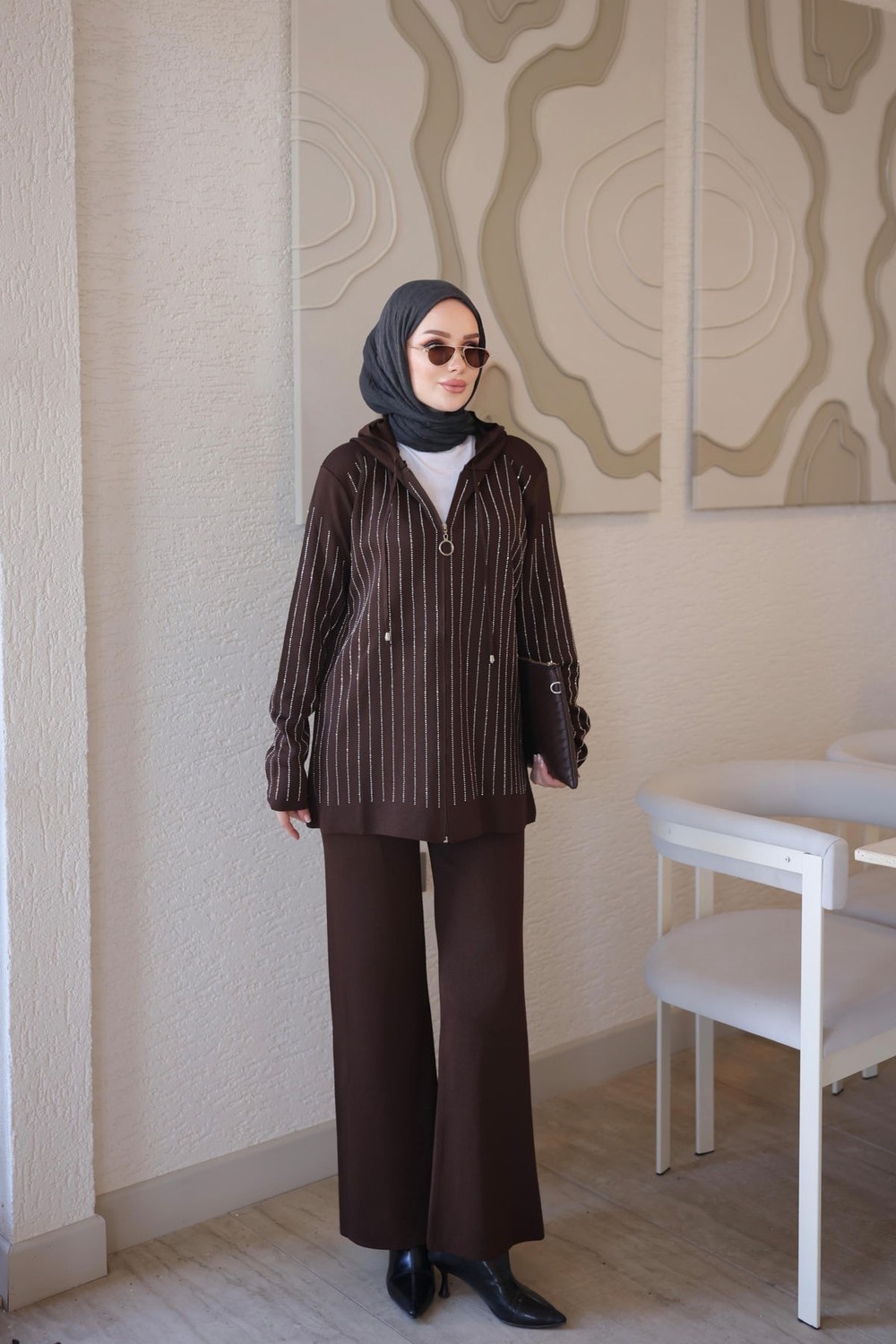 İmaj Butik Krem Kapüşonlu Tunik Pantolonlu Taşlı Triko Takım