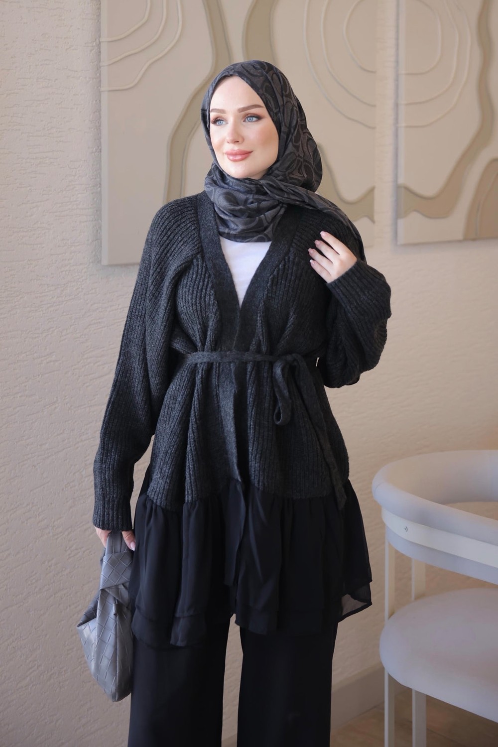 İmaj Butik Lacivert Şifon Detay Yumoş Triko Hırka görsel 5