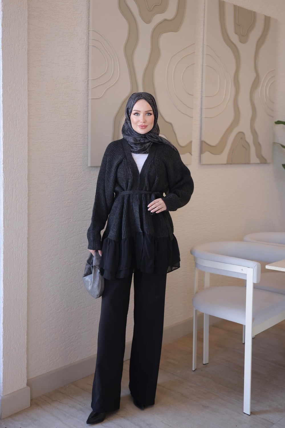 İmaj Butik Lacivert Şifon Detay Yumoş Triko Hırka görsel 6