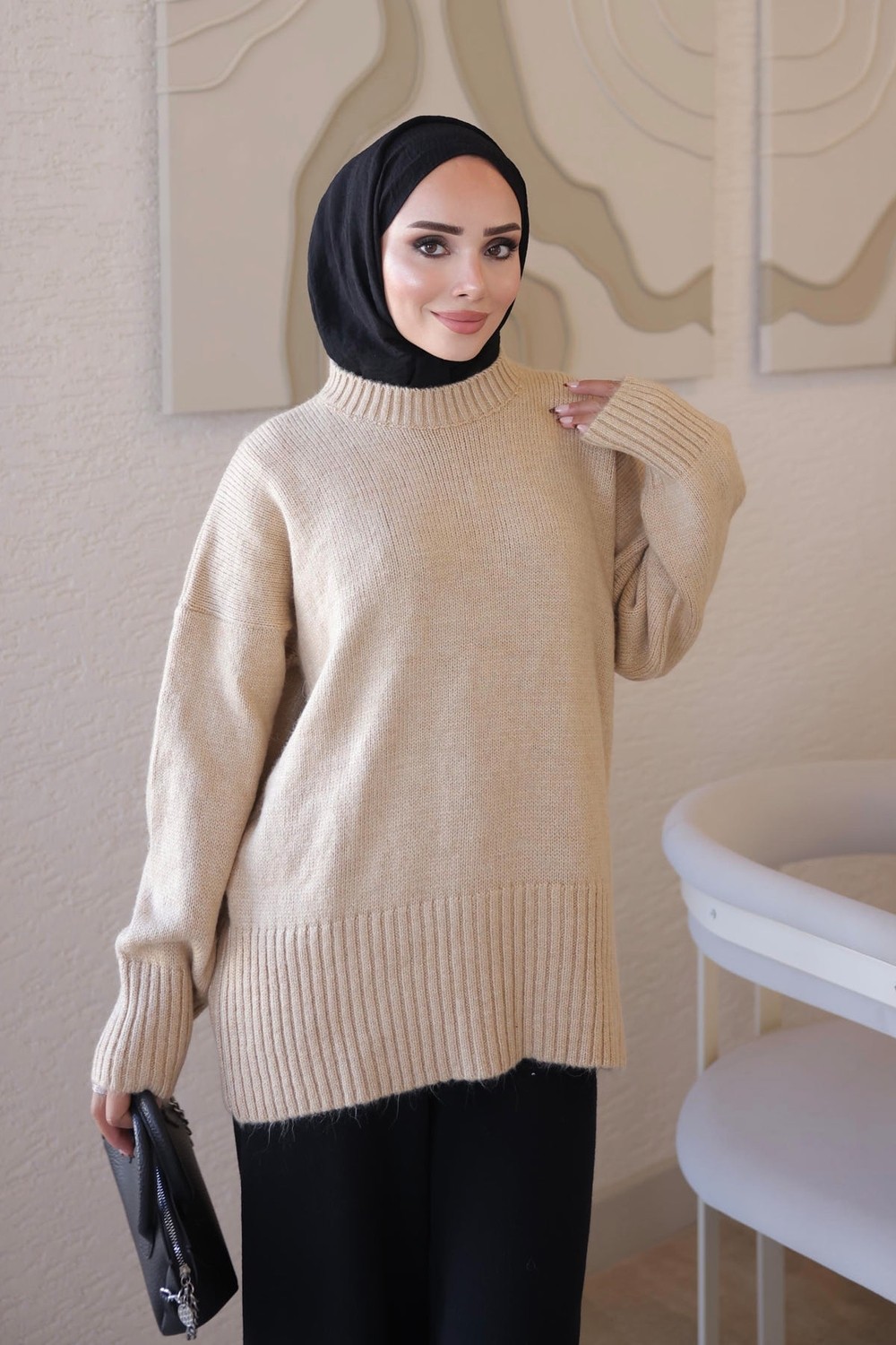 İmaj Butik Pembe Bisiklet Yaka Oversize Şardon Triko Kazak