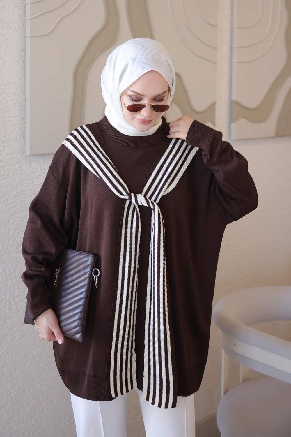 İmaj Butik Bordo Atkı Detaylı Salaş Triko Tunik