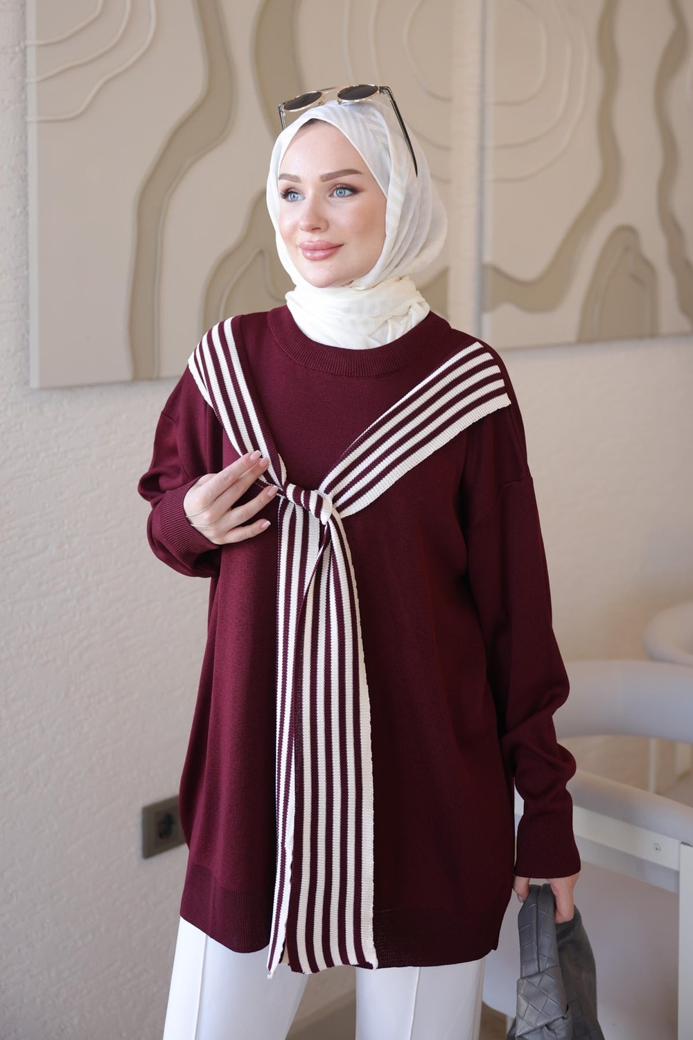 İmaj Butik Bordo Atkı Detaylı Salaş Triko Tunik