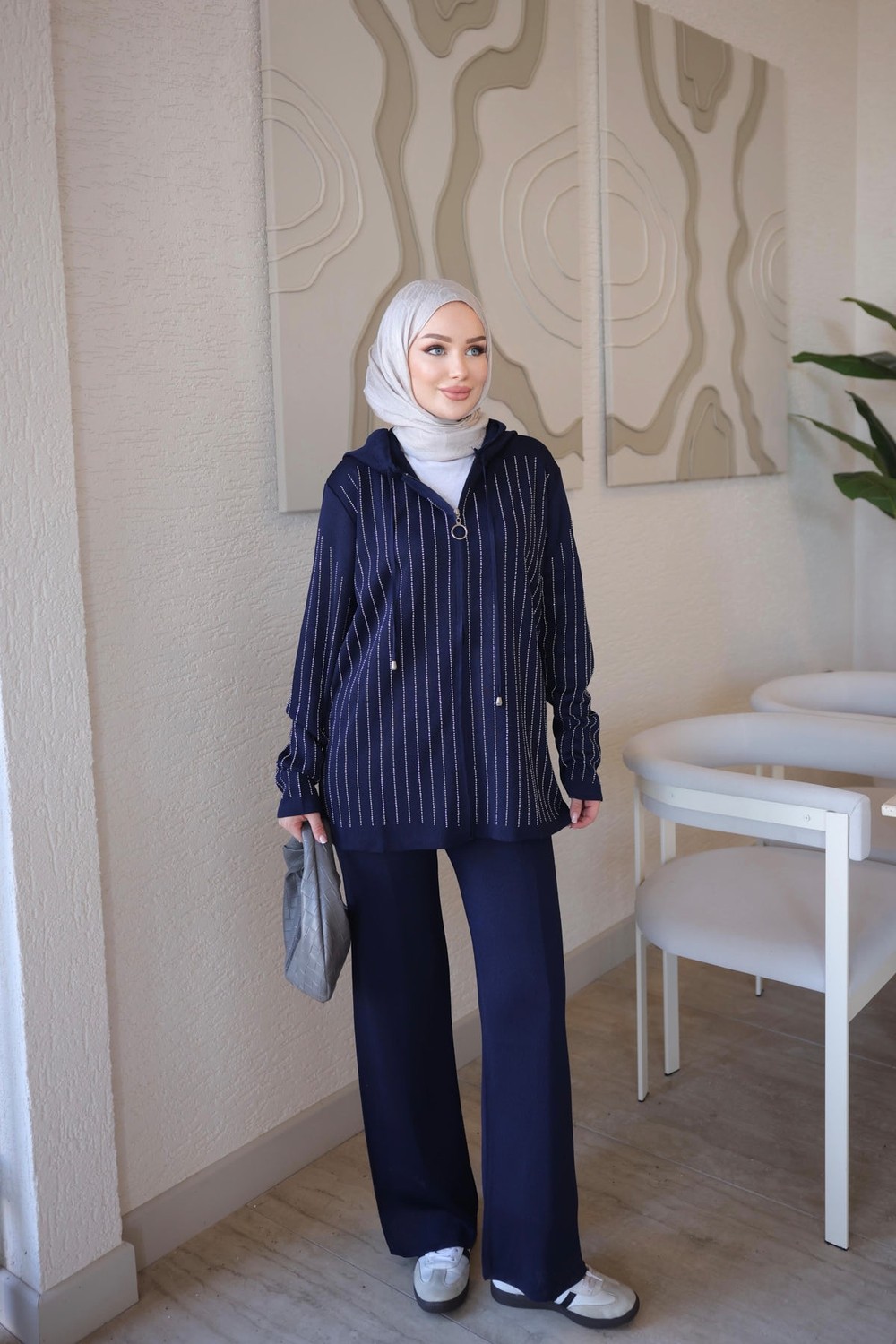 İmaj Butik Krem Kapüşonlu Tunik Pantolonlu Taşlı Triko Takım