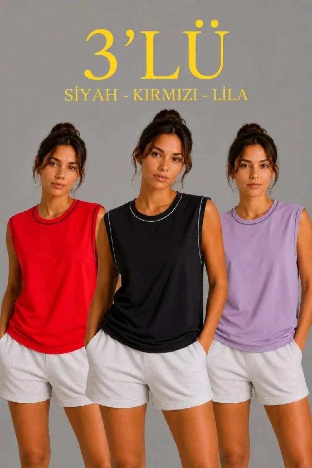 Pileli Store 3’lü Kolsuz Sporcu Atlet Seti Yazlık Bisiklet Yaka - Siyah, Kırmızı, Lila