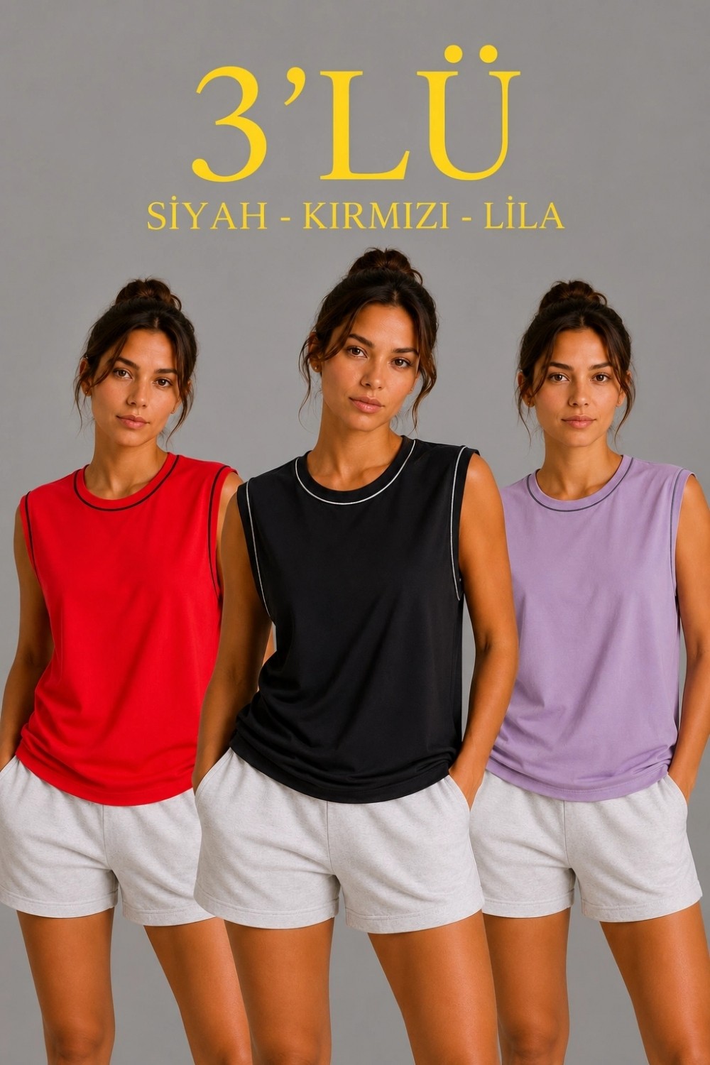 Pileli Store Kadın 3’lü Kolsuz Sporcu Atlet Seti Yazlık Bisiklet Yaka - Siyah, Kırmızı, Lila